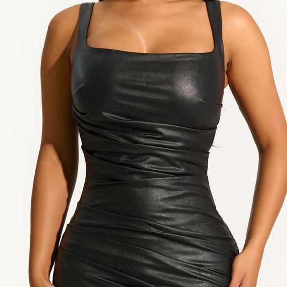 Naked Wardrobe Leather Pleated Midi Dress in Black - Picture 2 of 5